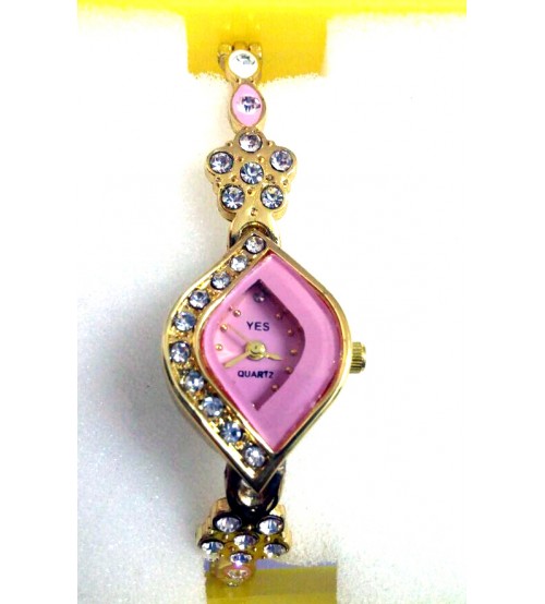 Diamond Shape Designer Dial Ladies Wrist Watch, Analog Quartz Watch, American Diamond Crafted Chain, Gold and Pink Color 